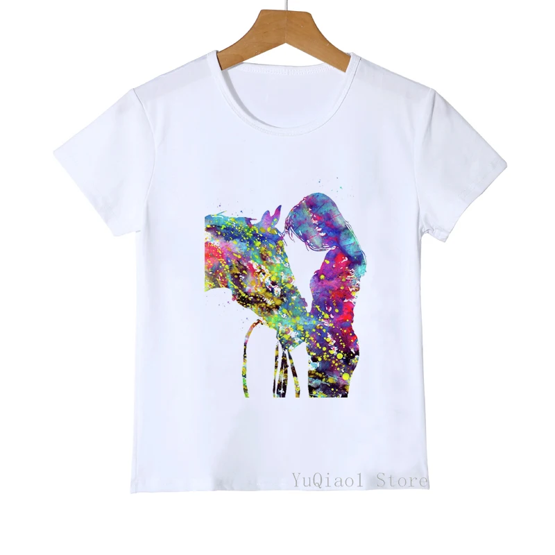 

Watercolor Girl Love Horse Print Kids White Tshirt Summer Children's Animal Print T Shirt Cute Casual T-Shirt Short Sleeve Top