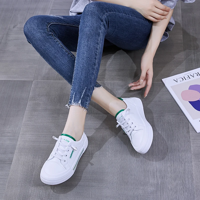 Women Tennis Shoes 2022 Spring Breathable White Leather Lace Up Female Footwear Outdoor Women Sneakers Thick Bottom Platform