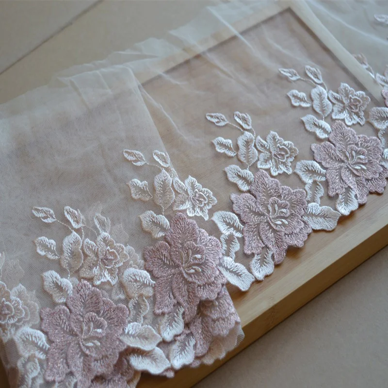 10Meters Pink Rose Flower Embroidered Mesh Lace Trim DIY Sexy Bra Lingerie Fabric Sewing Crafts Material 21cm Width