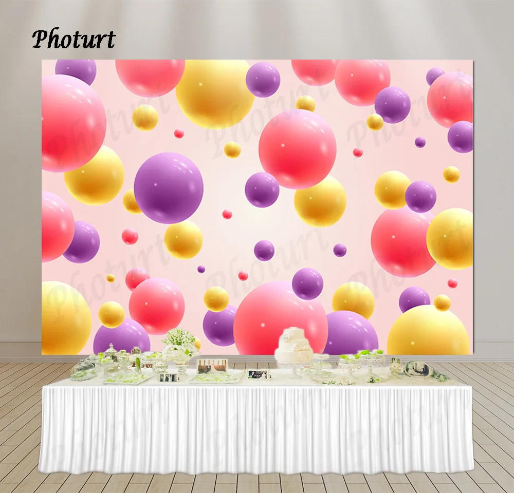 PHOTURT Colorful 3D Ball Photography Backdrop Baby Shower Birthday Party Room Decoration Background Vinyl Polyester Banner Props