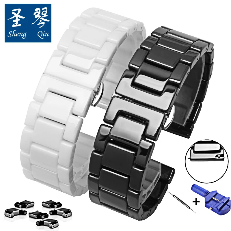 

Ceramic Butterfly Buckle Watch Strap Black White 14 15 16 17 18 19 20 21 22mm Men's And Women's Watchband