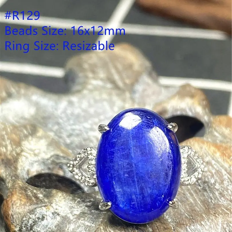 Natural Blue Kyanite Crystal Ring Jewelry For Women Men Luck Gift 16x12mm Beads Silver Beauty Cat Eye Stone Adjustable Ring AAAA