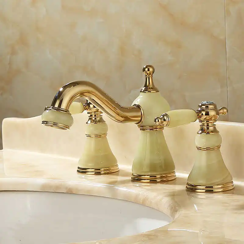 Basin Faucet Gold Brass Jade Bathroom Sink Faucet 3 Hole Widespread Basin Mixer Double Handle Hot And Cold Water Tap New Arrival