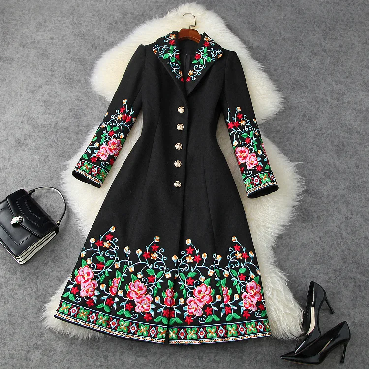 

European and American women's wear 2020 winter new style Heavy embroidery with long sleeves and lapels Fashionable woolen coat