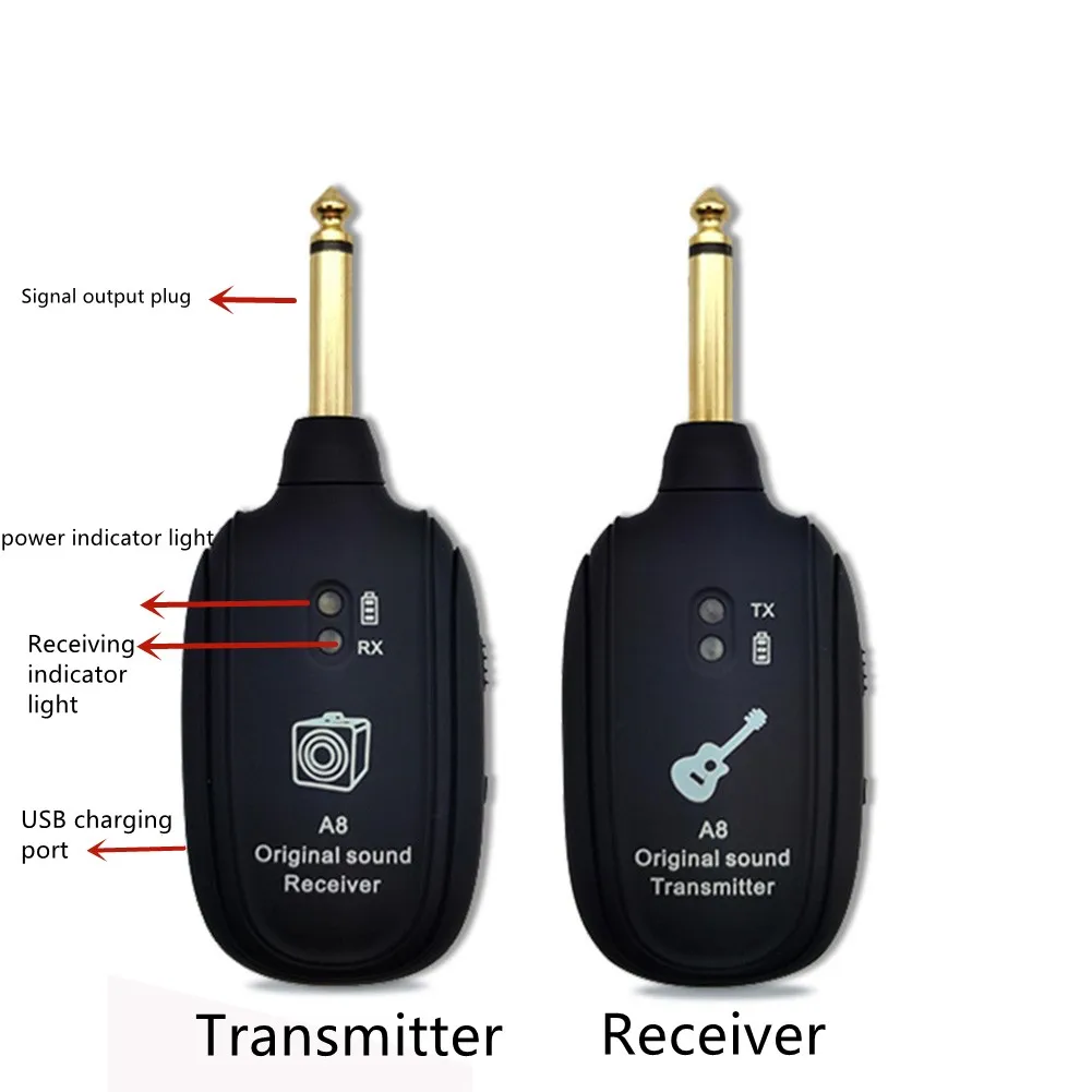 A8 UHF Guitar Wireless System Transmitter Receiver Built-in Rechargeable wireless guitar transmitter for guitar accessories