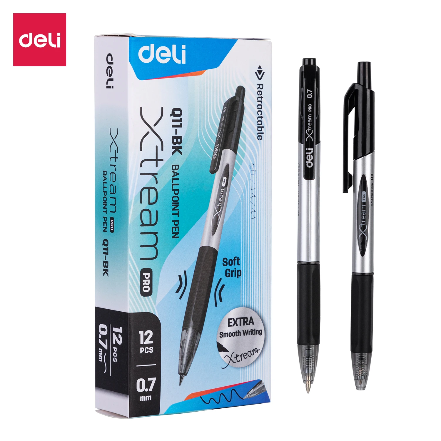 DELI-Caneta esferográfica lisa, refil de tinta de baixa viscosidade, preto e azul, ferramentas de escrita para escritório e escola, canetas de papelaria, 0,7mm, Q10