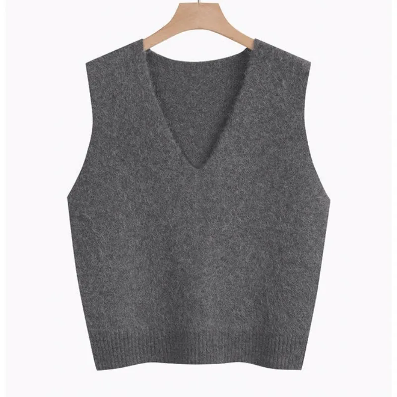 

2021 Spring Autumn V-neck Knitted Vest Coat Loose Women's Versatile Top Girls Wear College Leisure Outside Student Gray