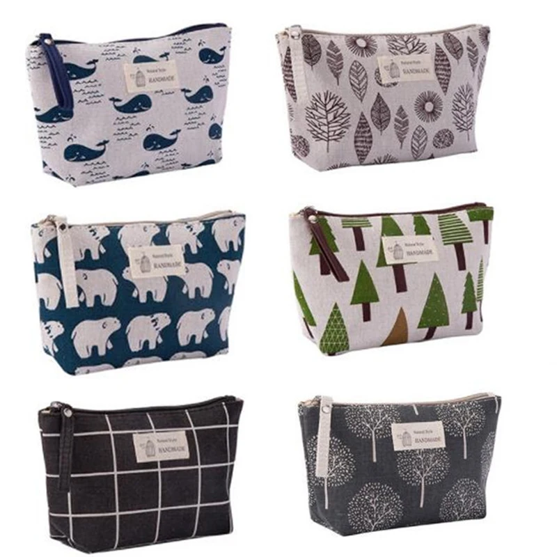 Canvas Bear Tree Print Pattern Women Travel Storage Bag Toiletries Organizer Cute Cosmetic Bag Portable Make Up Bags Tote