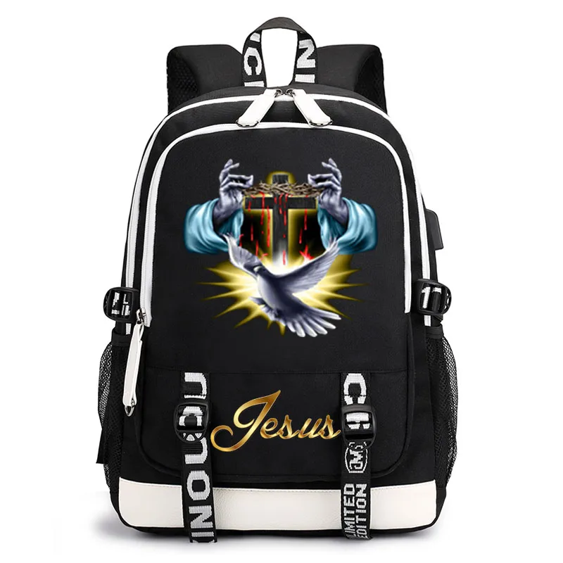 Mochila USB de dibujos animados de Jesús para niño y niña, bolso escolar de viaje para notebook para hombre y mujer