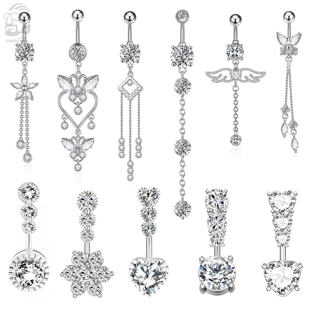 Zircon Crystal Belly Button Rings For Women Nombril Ombligo Navel Ring Surgical Steel Barbell Heart Round Body Piercing Jewelry