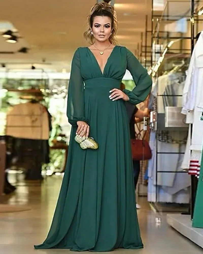 

A-line Dark Green Evening Dresses V-Neck Long Sleeve Pleated Chiffon Vestidos Formal Prom Gowns Dubai Robe De Soiree