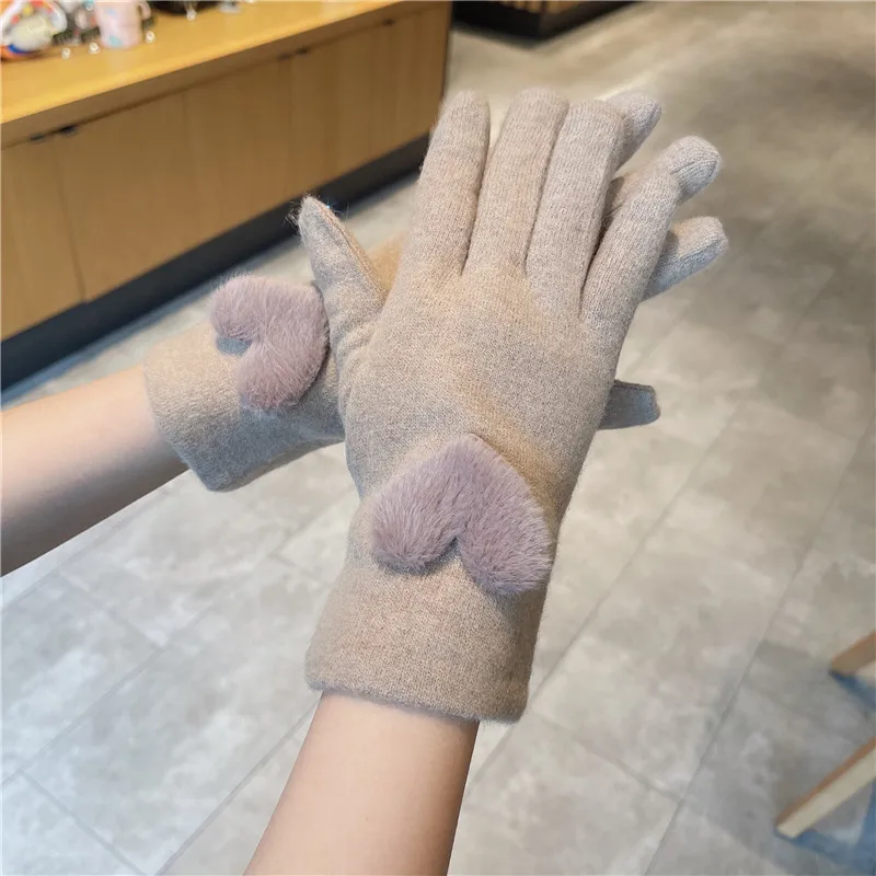 Women Winter Keep Warm Touch Screen Plus Velvet Heart Cute Lovely Elegant Wool Gloves Thicken Drive Cycling Windproof