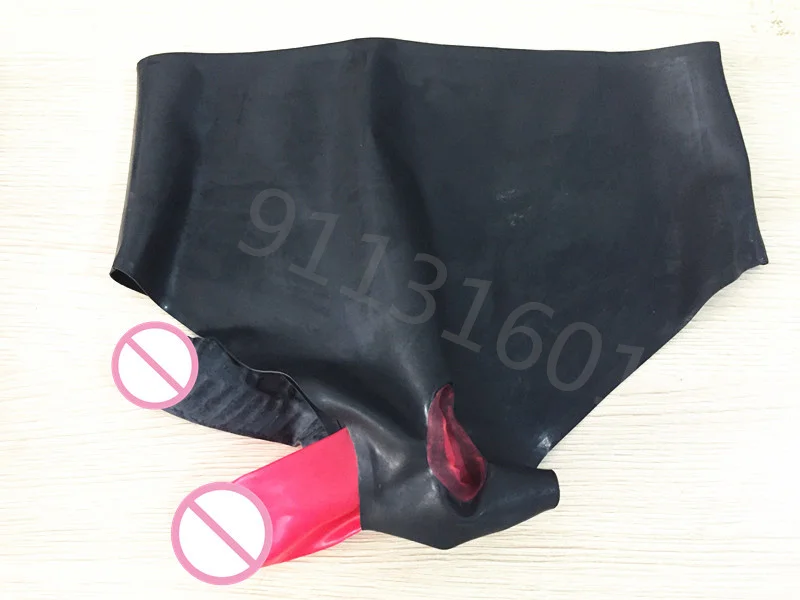 Black Sexy Latex pants with Red anal  Sheath and Front Sheath Rubber panties Ball Sheath Underwear Underpants plus size