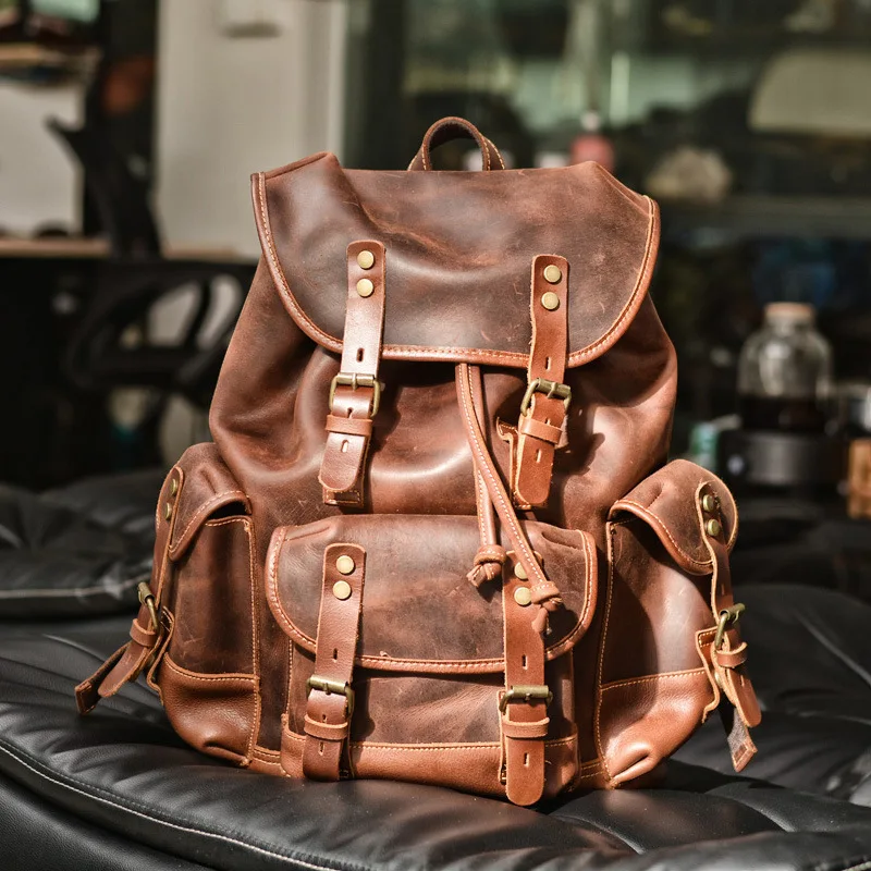 The New Genuine Leather Men Backpack Outdoor Casual School Bag Large Capacity Backpack Genuine Leather Mountaineering Bag