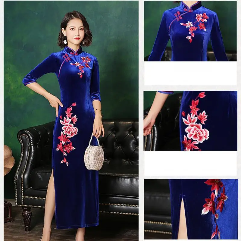 Plus Size Cheongsam 2020 Qipao Chinese 6XL 5XL 4XL Embroidery Velvet Long Banquet Evening Qi Pao Women Clothing