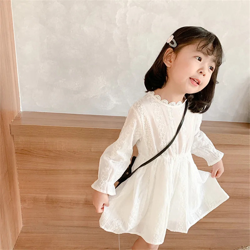 1-6T White Lace Dress For Girls Toddler Kid Baby Girl Clothes Long Sleeve High waist Sundress Cute Sweet Party Princess Dress