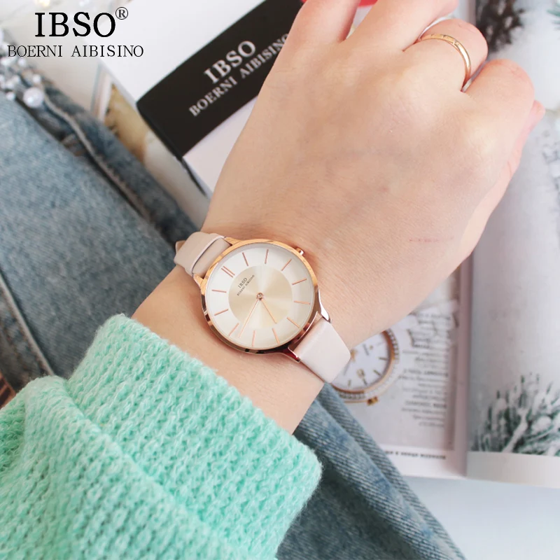 IBSO-Relógio de quartzo ultra fino para mulheres, couro genuíno, relógios femininos, marca de luxo, 8 mm