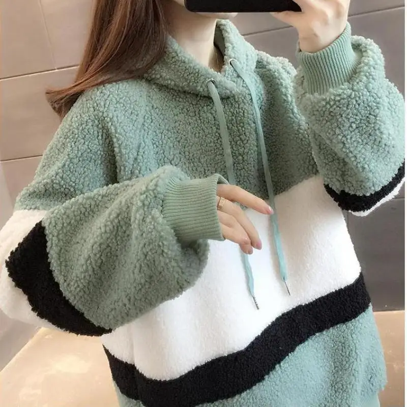 Winter New Products Lady Clothes Women Hoodie Keep Warm Lamb Wool Harajuku Sweatshirt Splicing Bean Green Coat Pullover Female