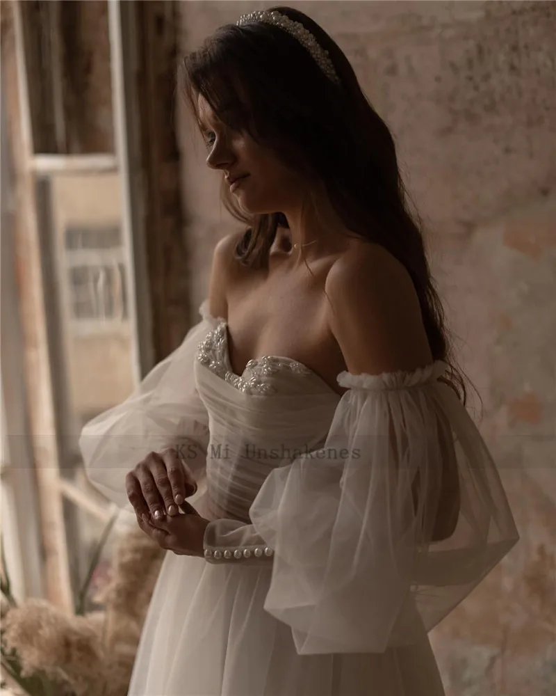 Fairy Boho-vestidos de novia de manga larga, ropa de boda con cuentas, Estilo Vintage, para playa, 2021