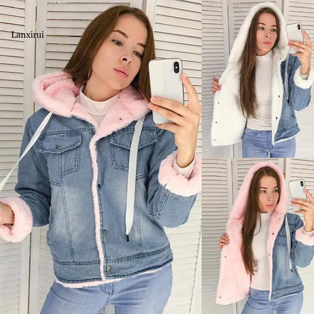 Denim Coat Loose Fleece Lalambswool Hooded Jacket Cotton Overcoat for Women Light Blue Spring New Style Casual Women Thick Coat