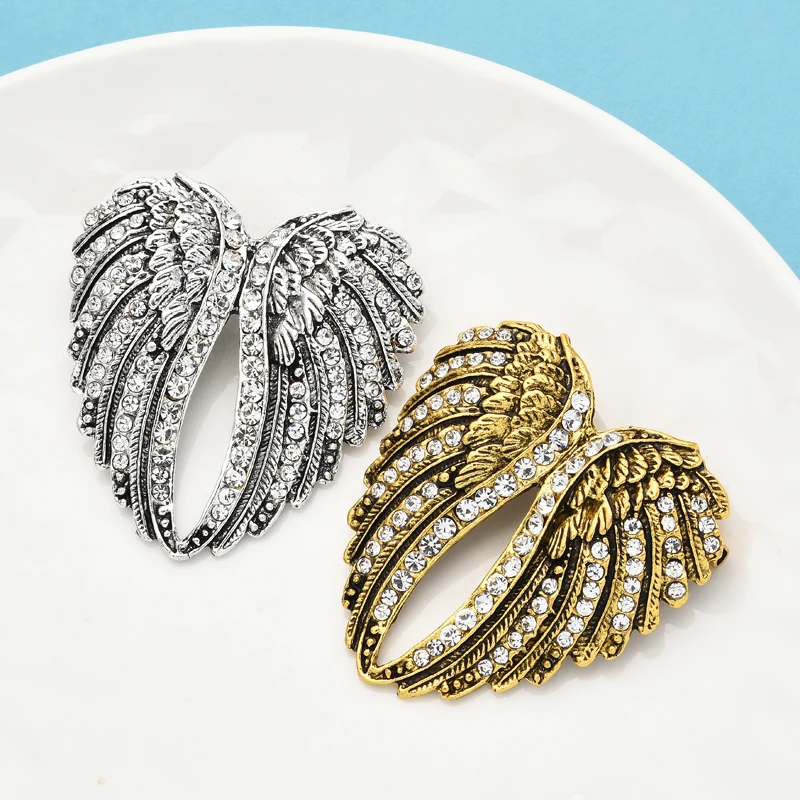 Wuli&baby Vintage Rhinestone Wing Brooches For Women Men 2-color Retro Beauty Wings Party Casual Brooch Pin Gifts