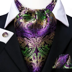 Hi-Tie Luxury Paisley Cravat for Men Purple Green Pocket Square Cufflinks Ascot Scarf Tie New Men's Casual Ascot Cravat Tie Set