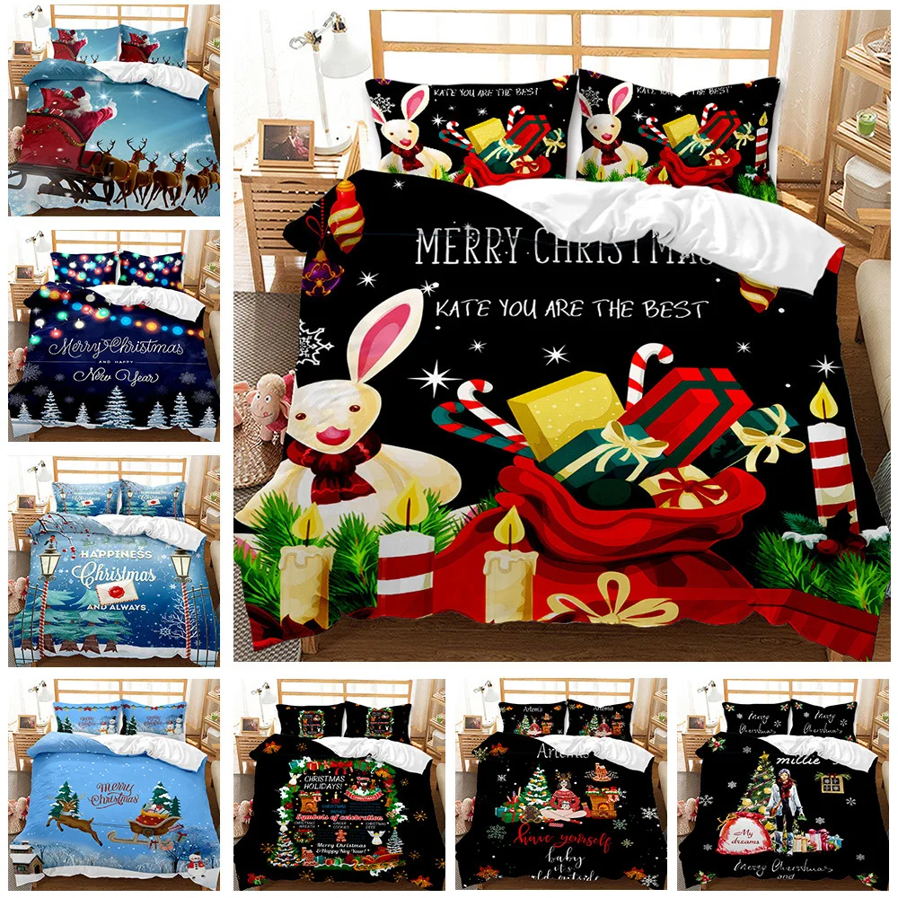 

Merry Christmas Duvet Cover Set Xmas Pattern Bedding Set Happy New Year Comforter Cover&Pillowcase for Kids Teens Blanket Cover