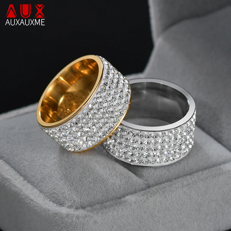 Auxauxme 5 Row Lines Clear White Stones Wedding Rings For Women Stainless Steel Fashion Zircon Shinny Rings Jewelry Gifts