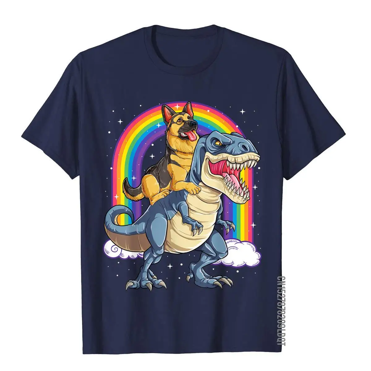 German Shepherd Riding Dinosaur T Rex Tshirt for Men  Rainbow T-Shirt Cotton Design Tops T Shirt Faddish Mens T Shirts