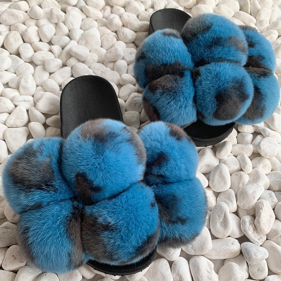 Pom Pom Fur Slippers Women Fluffy Sliders Furry Sandals Real Rabbit Fur Slippers Fox Fur Slides Multicolor Customize