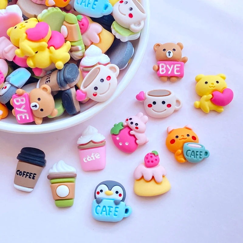 10Pcs New Mixed Lovely Cartoon Animals / Drinks Flat Back Resin Scrapbooking DIY Jewelry Craft Decoration Accessories