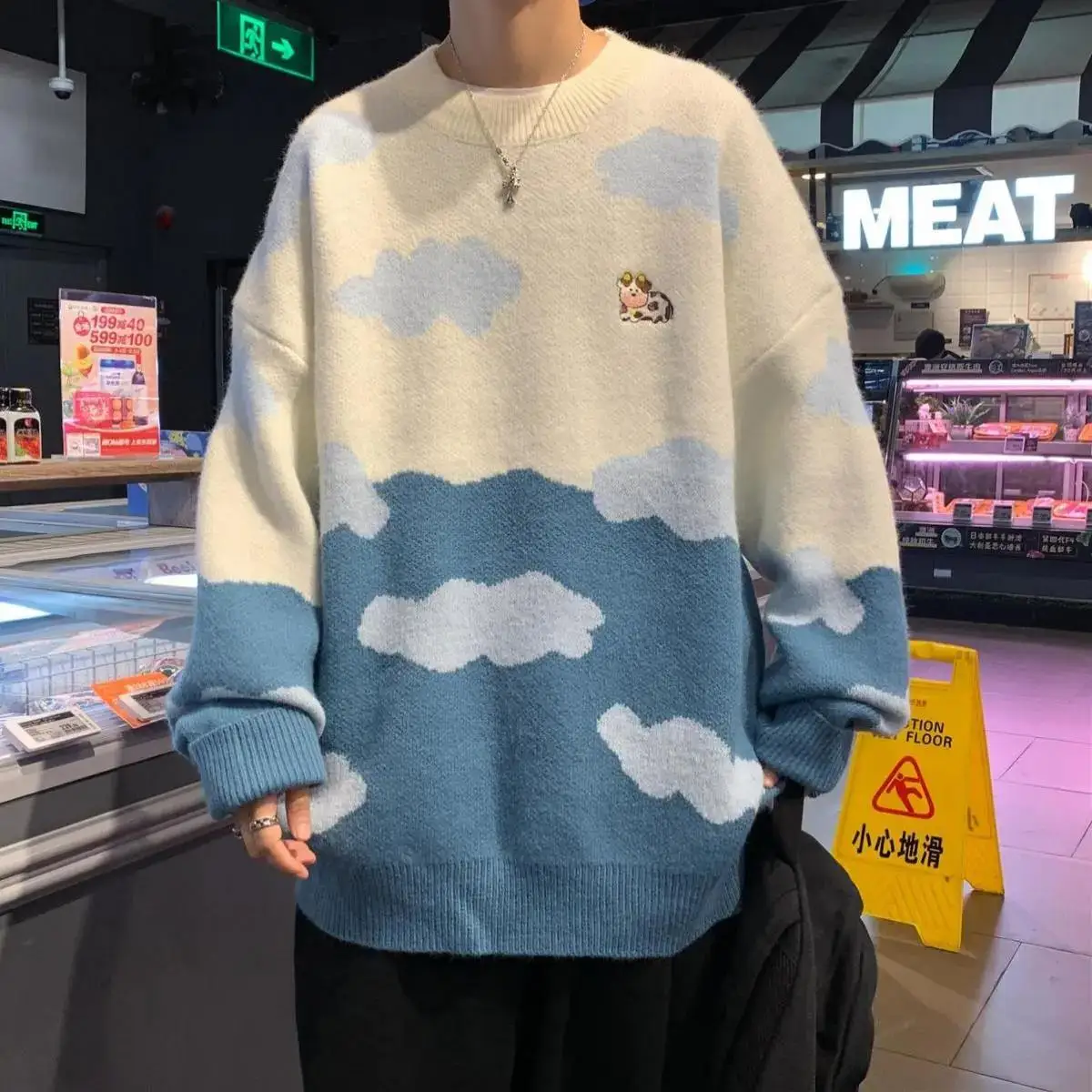 2021 Sky Blue Cute Cow Print Clouds Fashion Sweater Women Winter Clothes Oversized Couples Fashion Knitted Tops Harajuku Kawaii