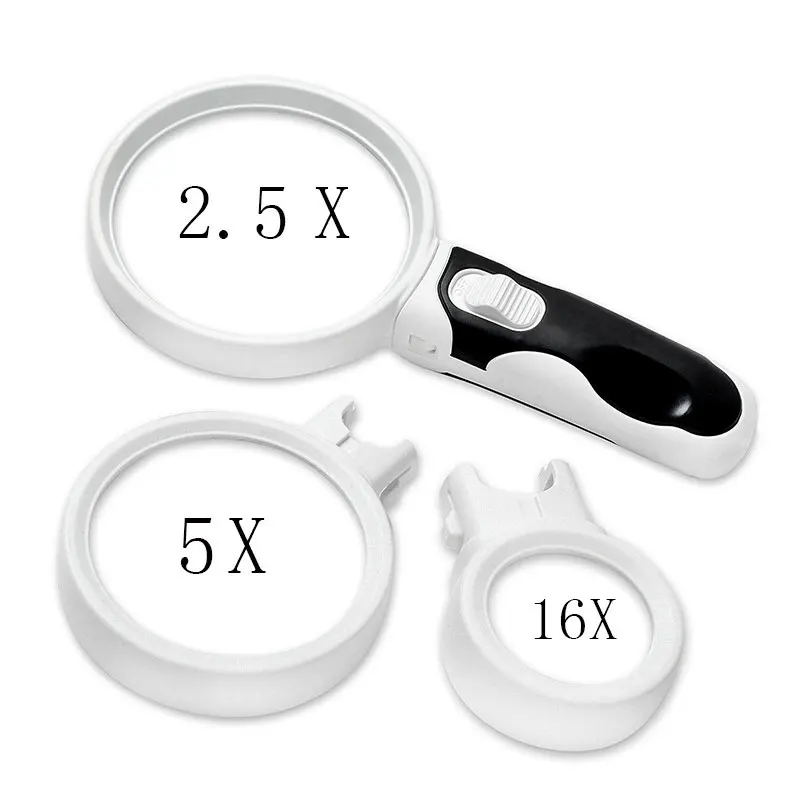 

Handheld Illuminated Reading Magnifier Jewel Loupe Magnifying Glass With LED Lights Interchangeable Acrylic Lens 2.5x 5x 16x