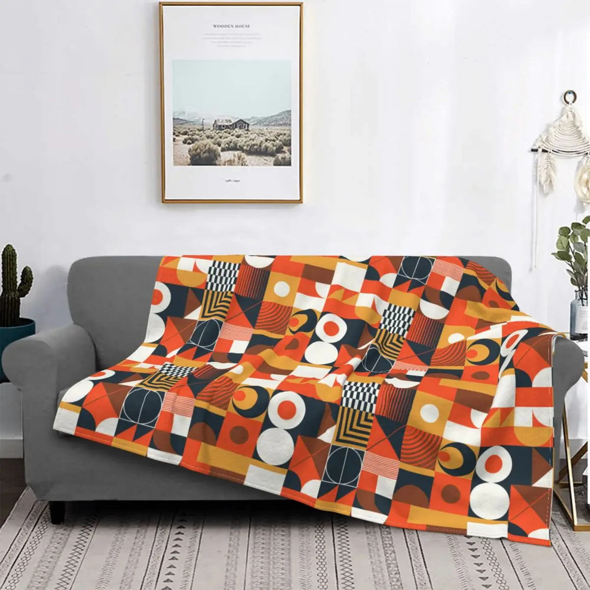 

Orange And Navy Color Geometric Shapes Blankets Fleece Decoration Ultra-Soft Throw Blankets for Bedding Bedroom Plush Thin Quilt