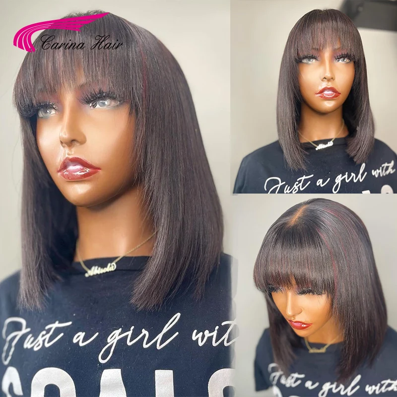 

Cheap Short Bob Wig With Bangs Full Machine Made Scalp Top Wig 180 Density Remy Brazilian Short Straight Human Hair Short Wigs