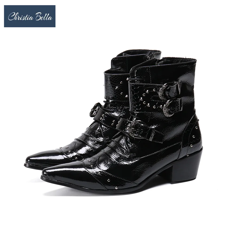 

New Style Handmade Black Pointed Toe Mid Heel Short Boots Business Office Men Real Leather Formal Shoes Male Wedding Dress Boots