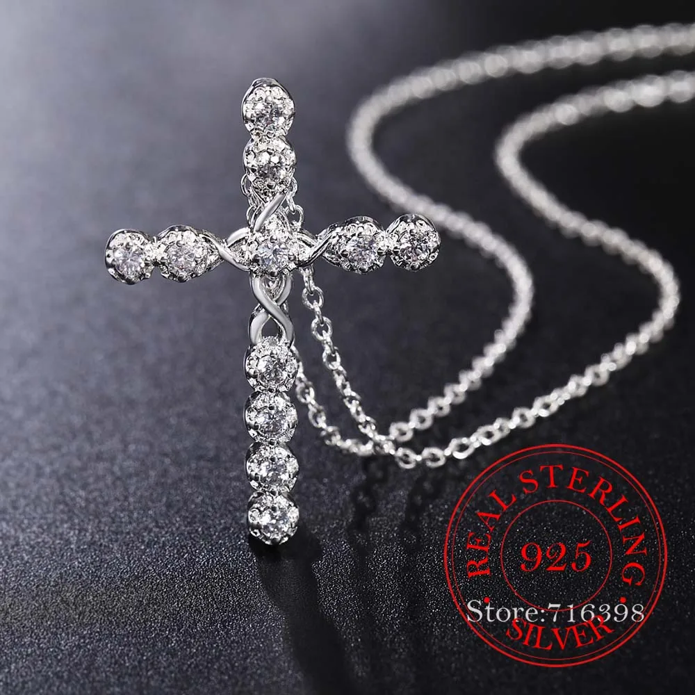 New Arrival Fashion Cross Necklace Accessories True 100% 925 Sterling Silver Crystal CZ Pendants Necklace for Women Fine Jewelry