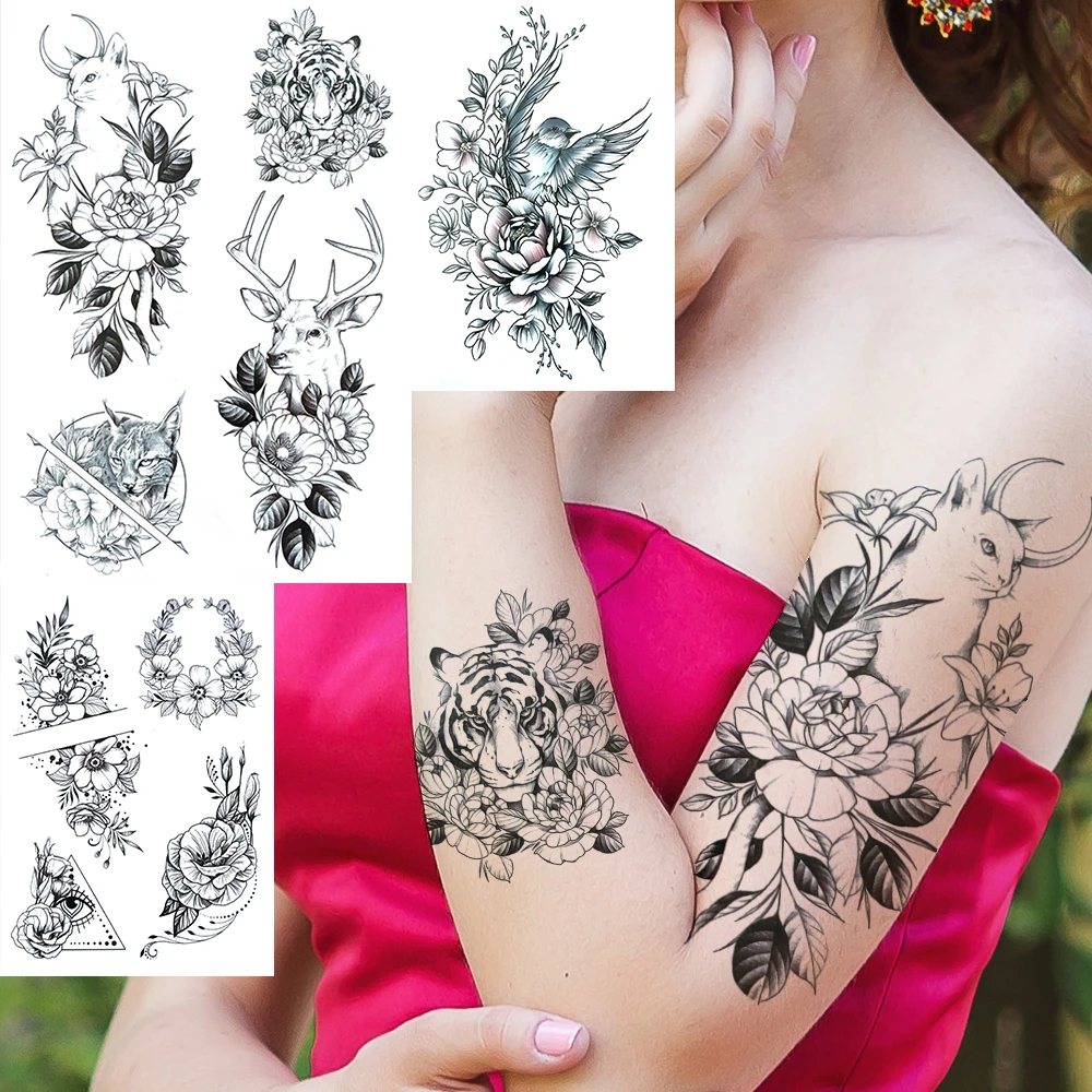 Black Moon Deer Cat Tiger Temporary Tattoos For Women Adults Fake Bird Flower Peony Rose Tattoo Sticker Geometry Armband Tatto