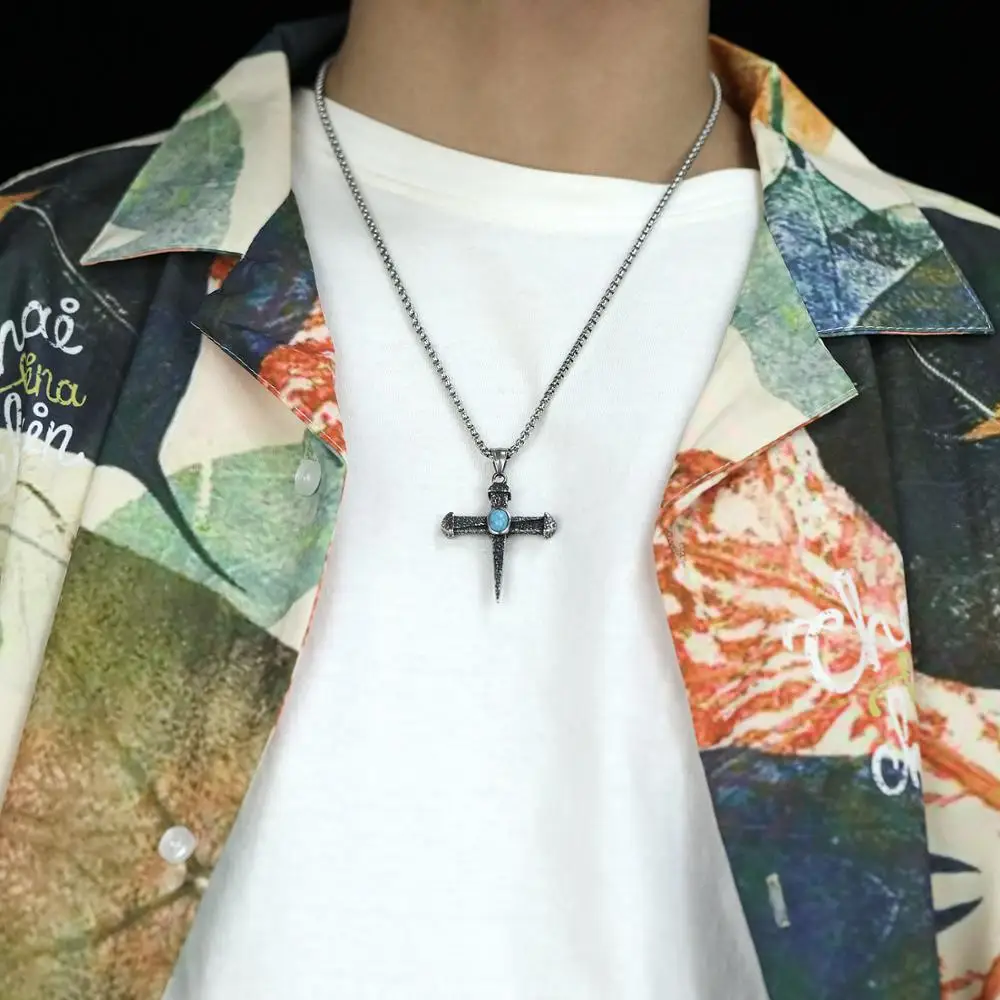 Vintage Cross Pendant Necklace Men With Natural Stone Gift For New Year