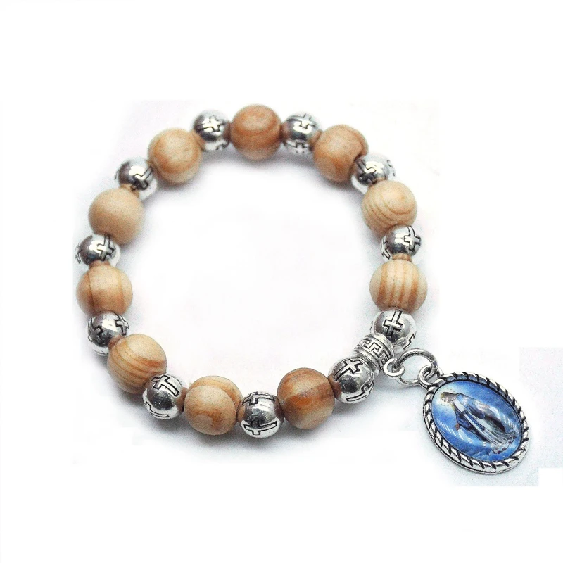 QIGO Virgin Christ Cross Bracelet Wood Plastic Beads Strand Bracelet For Men Women Religious Jewelry