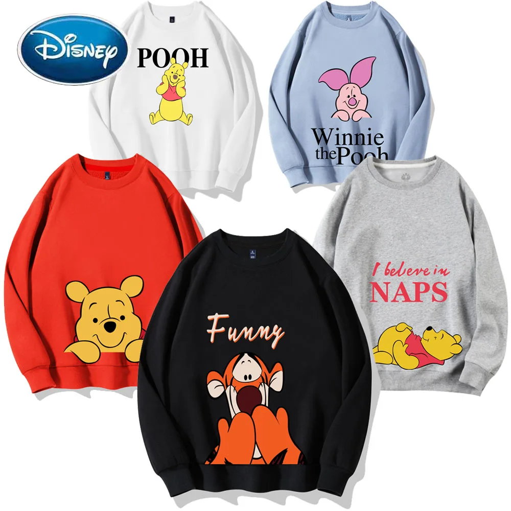 Disney Sweatshirt Winnie the Pooh Bear Piglet Tiger Cartoon Letter Print O-Neck Pullover Unisex Women Long Sleeve Tops 9 Colors