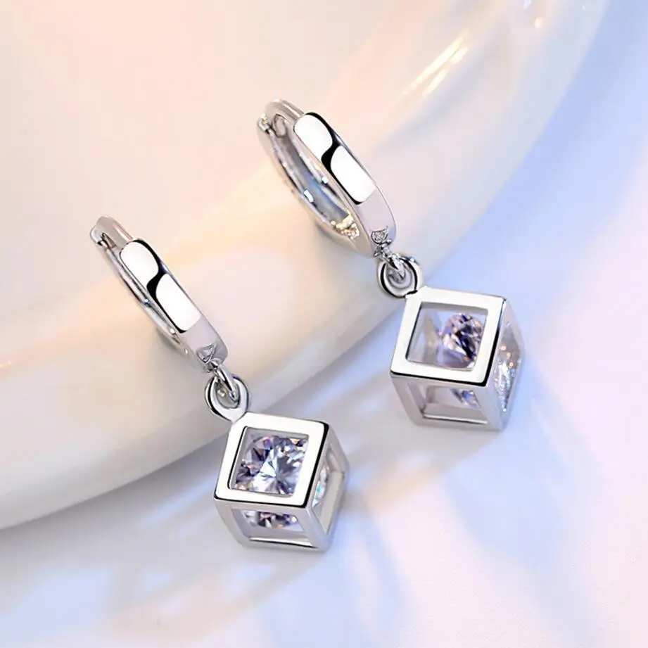 925 Sterling Silver Cube Love Window Zirconia Sugar Drop Earrings For Women brincos de prata Best Gift S-E228