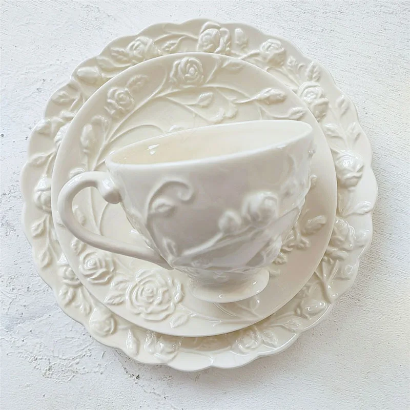 

Relief Flowers Ceramics Plate Dining Table Main Course Afternoon Tea Dessert Coffee Saucer Fruit Salad Plates Kitchen Tableware