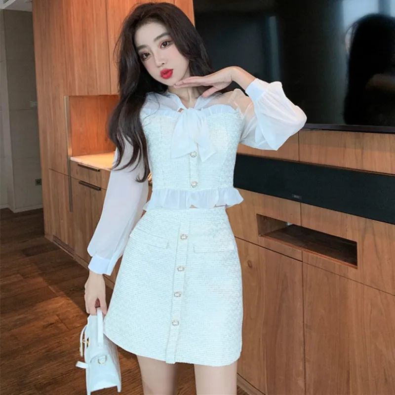 

Runway New 2 Pieces Set Women Sweet Bow Tie Chiffon Long Sleeve Patchwork Tweed Crop Top+High Waist Mini Skirt Office Girl Suit