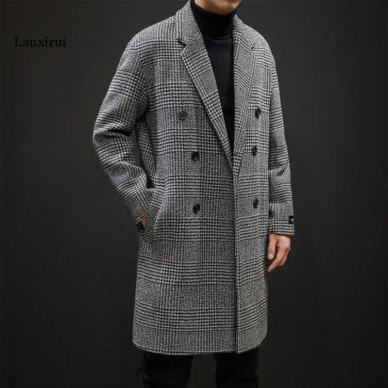 

Casual Double Breasted Mens Wool Overcoat Winter Houndstooth Jacket Men Turn-down Collar Long Woollen Wind Coat