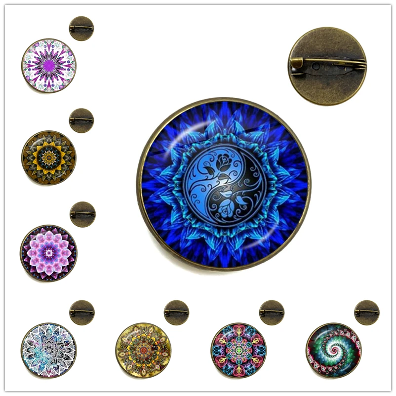 دلاية فنية على شكل ماندالا دلاية يوجا رمز Om زن البوذية على شكل قبة زجاجية دبابيس للنساء والرجال مجوهرات #1