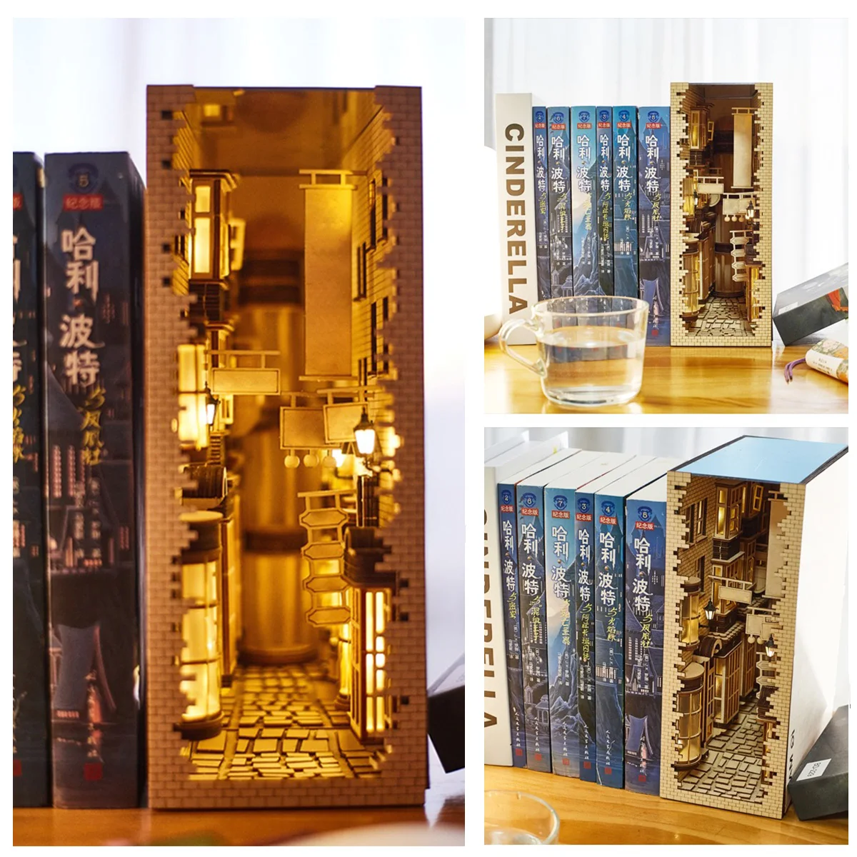 [Light Up]Wooden DIY Bookend Diagonal Alley with LED Model Handmade Building Block Miniature Furniture Home Decoration Toys Gift