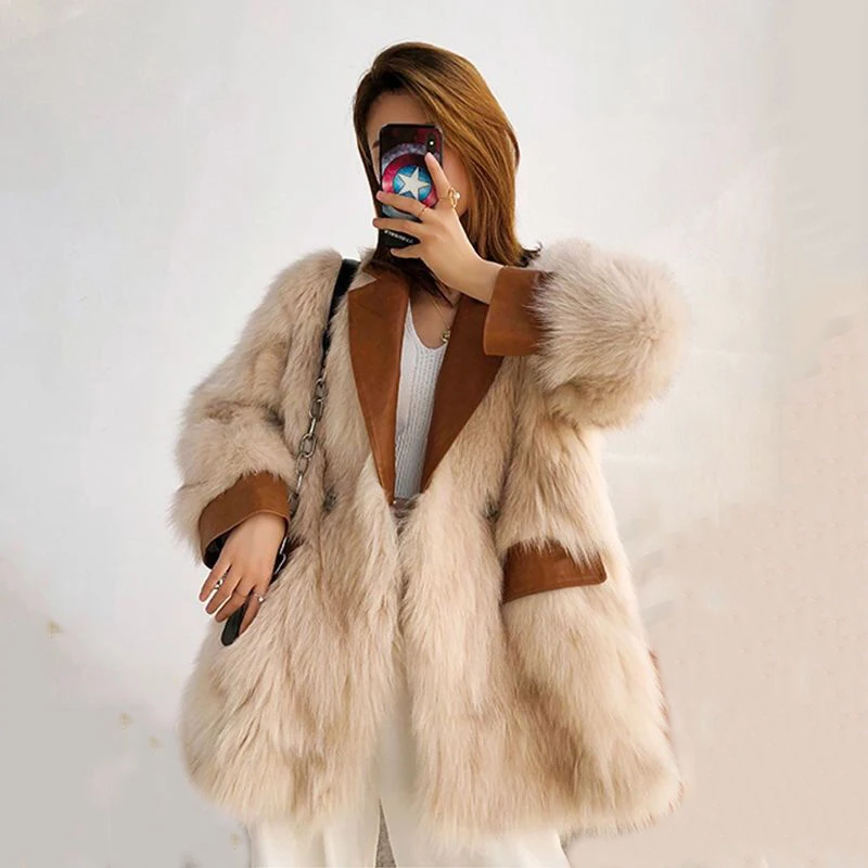 

Women's Winter Fox Fur Jacket Autumn mid-length Fur Coat Stitching Leather PU Coat Women Single Breasted Coat