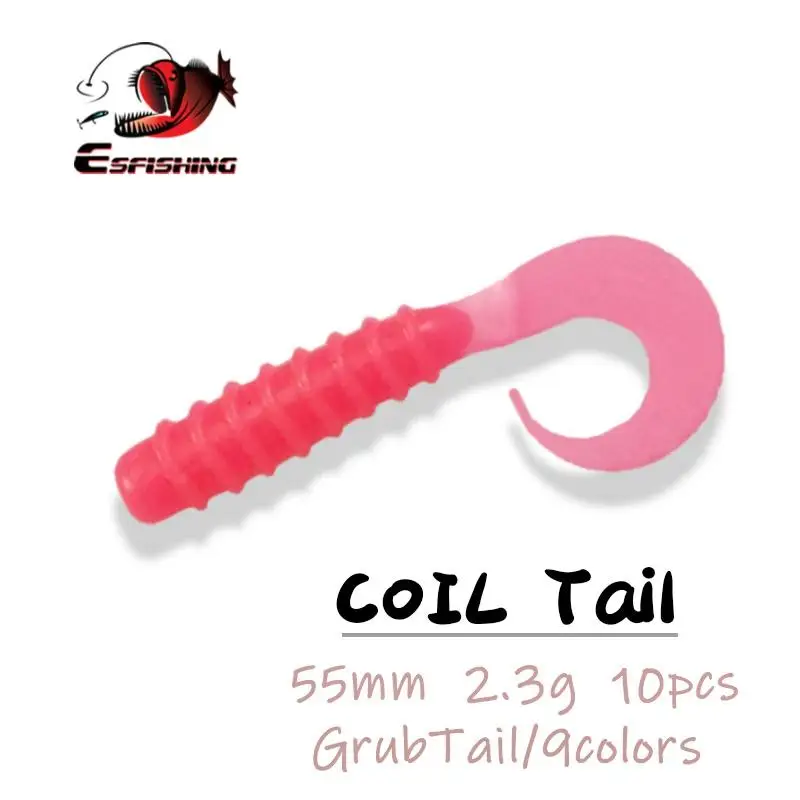 ESFISHING Soft Plastics bait Coil Sigle Tail Grub 55m 10pcs Artificial Silicone Bait Pesca Carp Fishing Lure Tackle