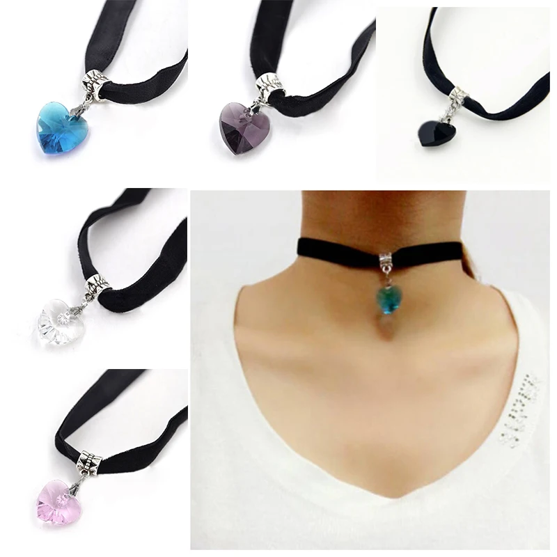 New 1pcs Gothic Velvet Heart Crystal Choker Handmade Necklace Pendant Retro 80 90s